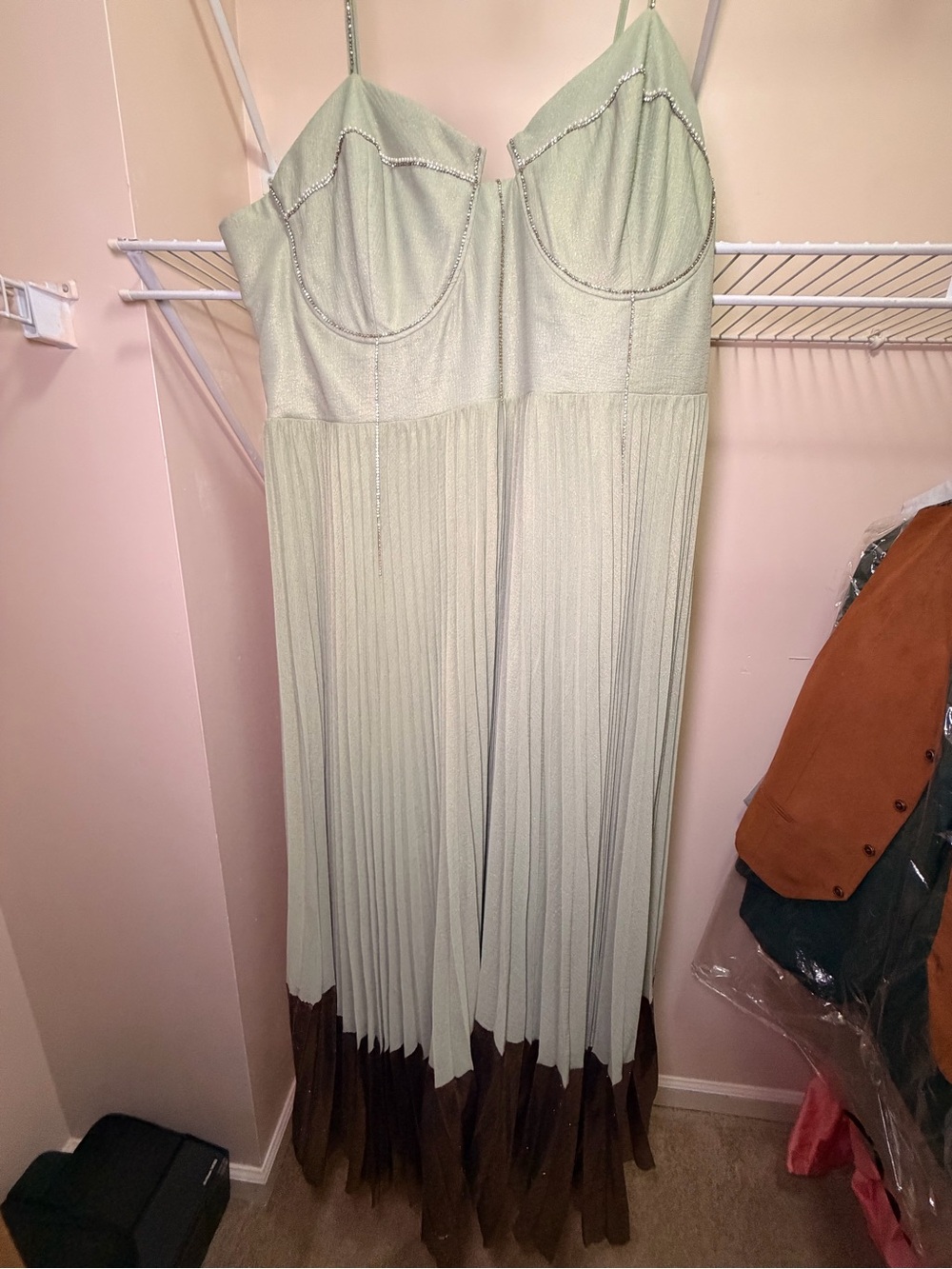 Anthropologie - Pleated Spaghetti-Strap Maxi Dress in Pale Sage with Brown Hem